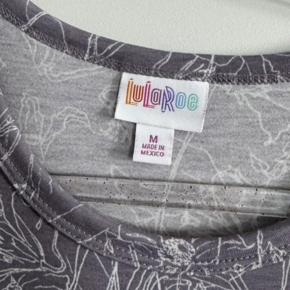 LuLaRoe Gray/Purple Printed Midi Dress — Short Sleeve Belted Style - Picture 5 of 6